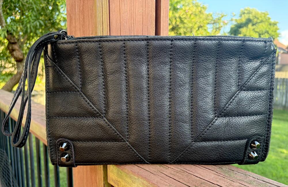 Linea Pelle Oversized Ribbed Moto Leather Clutch - Dual Wristlet Straps